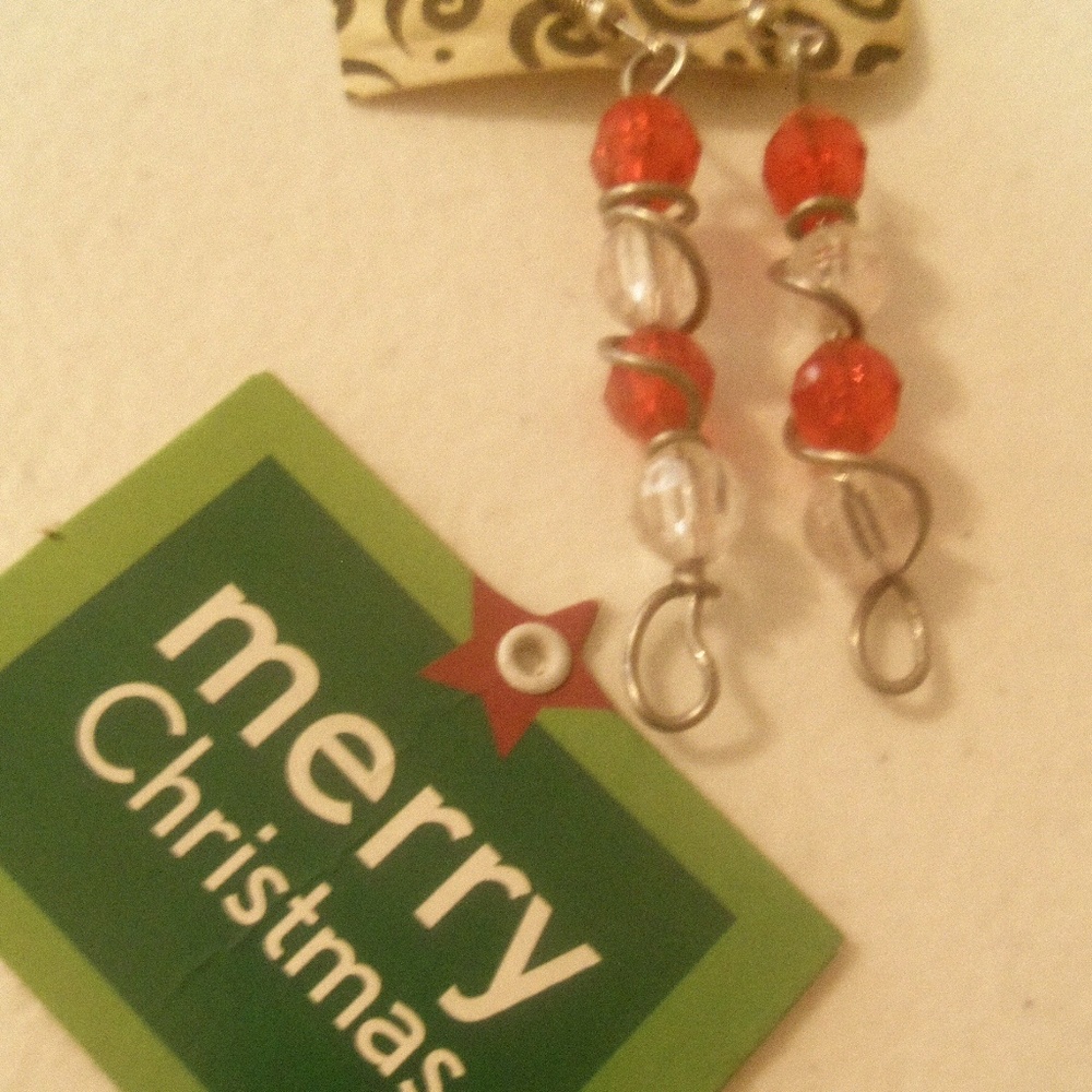 Handmade red and white wrapped wire earrings